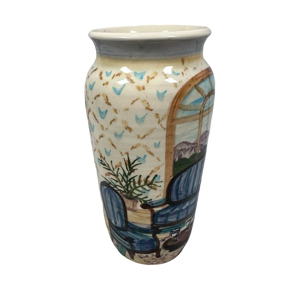 Liz‎ Lawrence Redware Pottery Vase 1992 Hand Painted Scenic Interior Landscape
